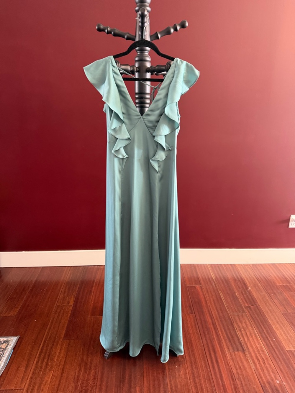 Ruffled V-Neck Maxi Dress in Aqua Green